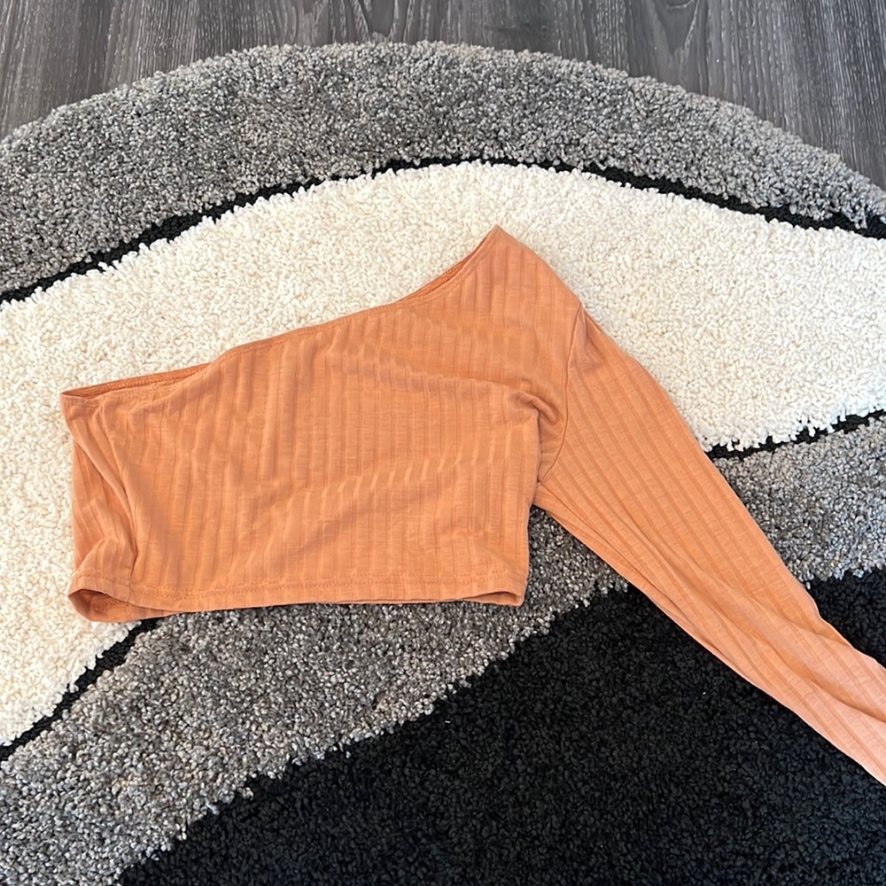 Tan ribbed one long sleeve crop top. Size large